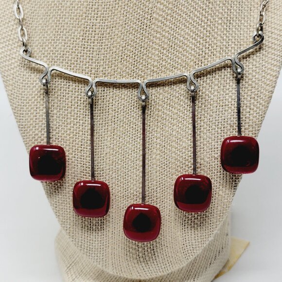 Vintage Modernist Red square Glass Silver tone Necklace - Picture 3 of 5